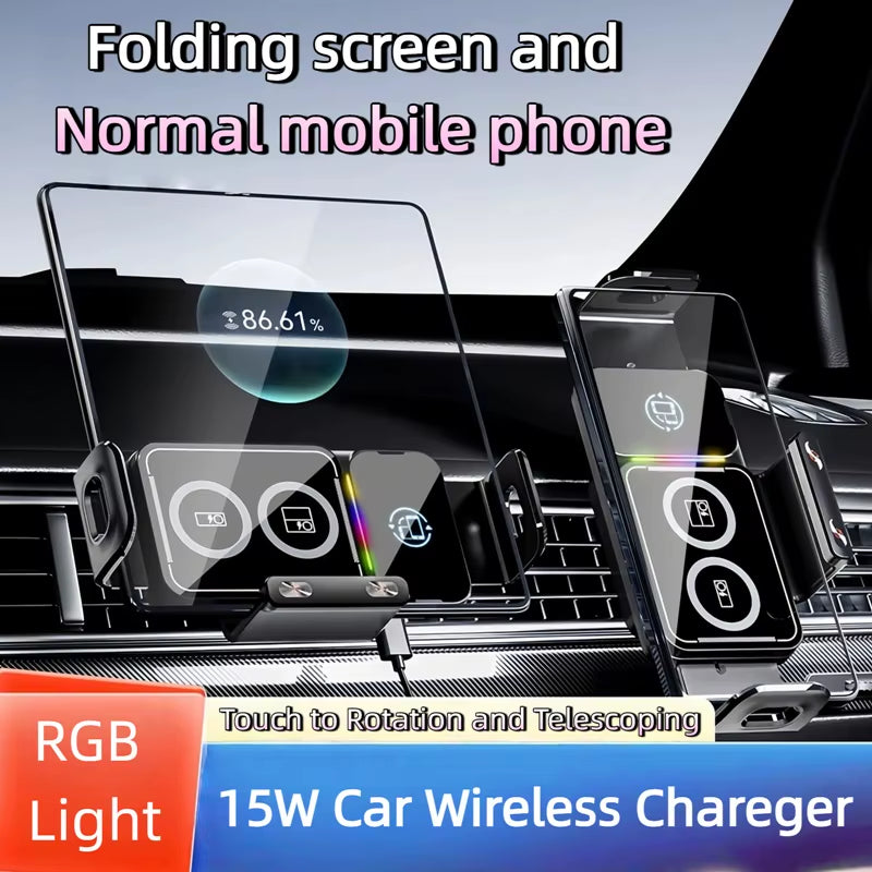15W  Car Phone Wireless Charger Holder 360° Rotation Mount for Samsung Galaxy Fold 6 5 4 3 Z Flip S25 S24 Iphone 16 15