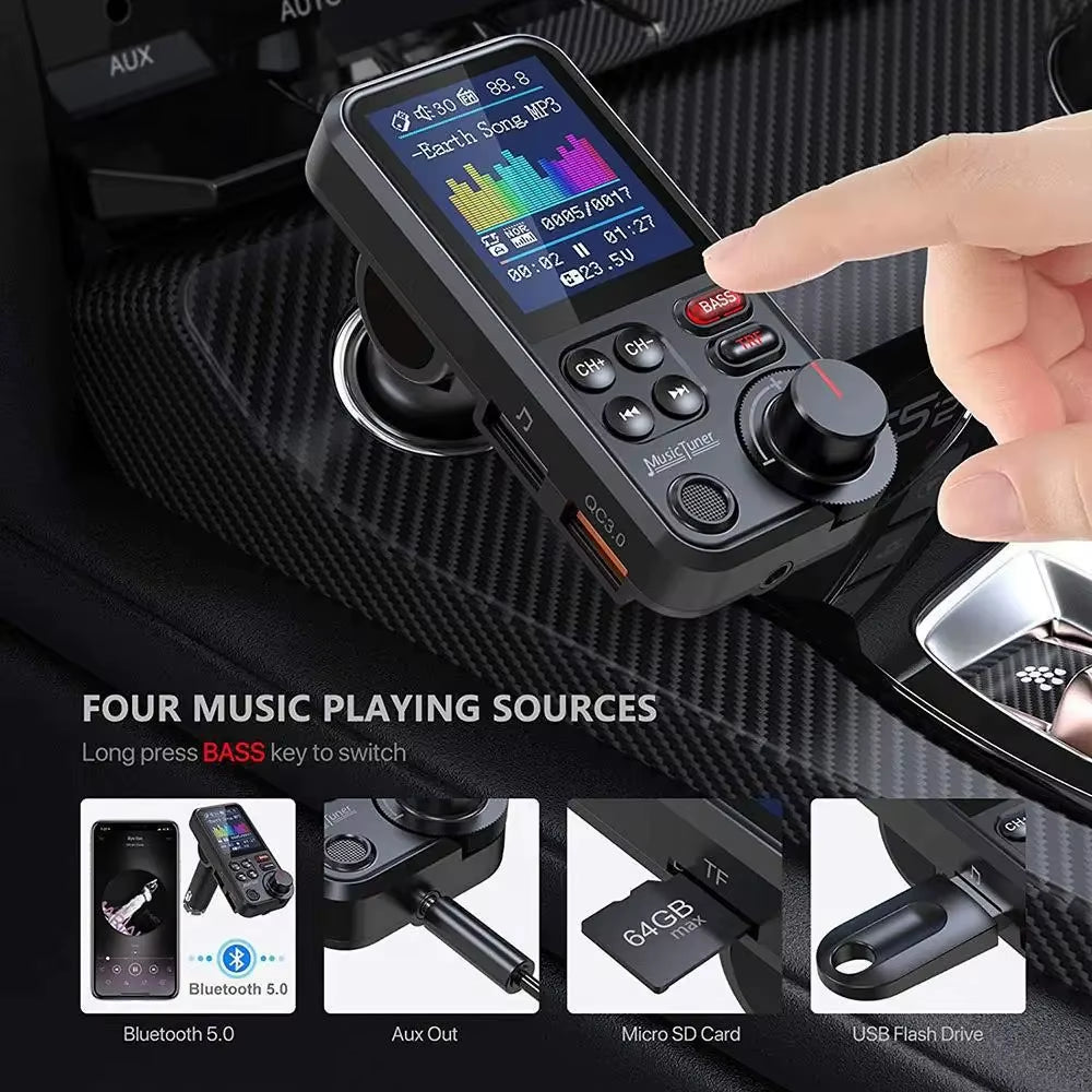 Car Wireless FM Transmitter Radio Adapter Fast Charging Aux QC3.0 Treble Bass Sound Music Bluetooth-Compatible Car MP3 Player